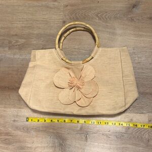 Neiman Marcus Elegant Tan Floral Handbag with Bamboo Handle
